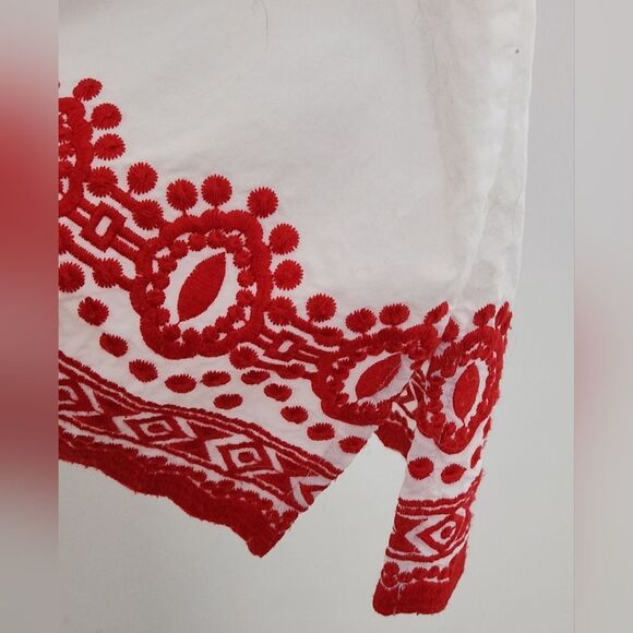 Talbots Sleeveless Aztec White w/ Red Embroidery Cotton Tunic Top Blouse -Size S - Picture 5 of 8